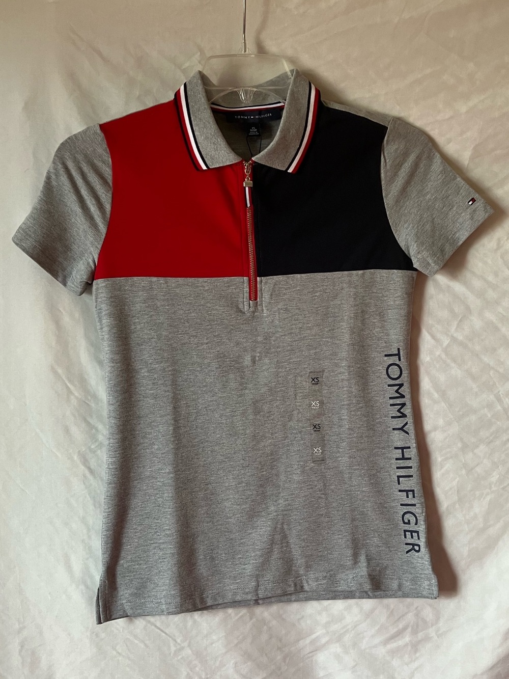 Tommy Hilfiger Grey Zip up Polo with Red and Black Accents size XS.